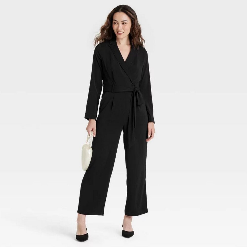 Women's Long Sleeve Wrap Front Jumpsuit - A New Day™ Black M